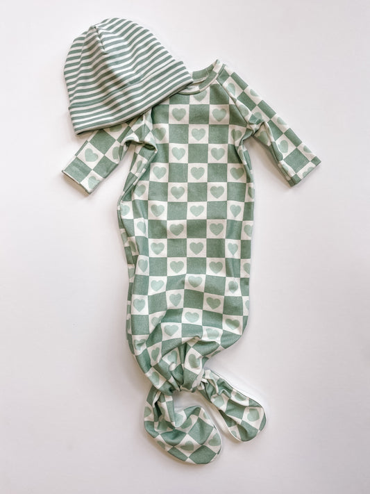 Knotted Gown | Blue-Green Heart Checks
